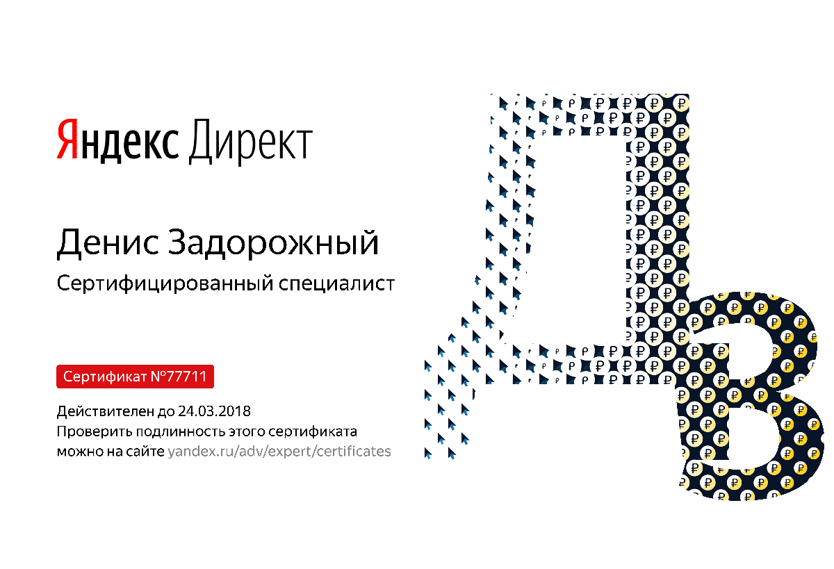 Сертификат специалиста Яндекс. Директ - Задорожный Д. в Липецка